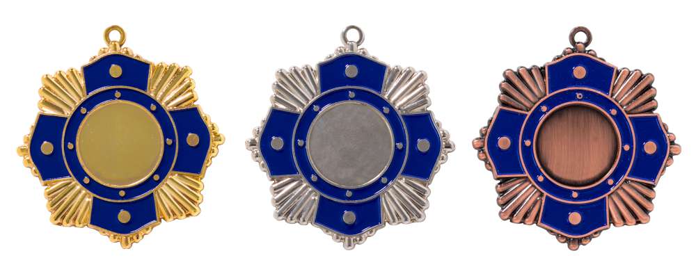 Zamak-Medaille 9190 mit blauem Design in Gold, Silber und Bronze