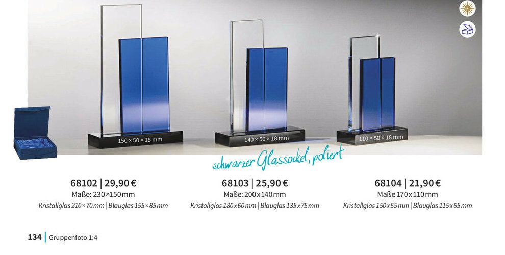 Kristall-Trophäen 68102 bis 68104 mit blauer Geschenkbox