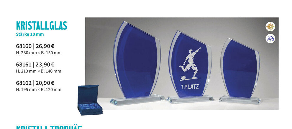 Kristallglas-Trophäen 68160 bis 68162 mit blauer Geschenkbox