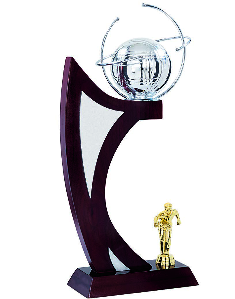 Boule & Pétanque – Holztrophäe mit Keramikkugel, 48 cm mit Gravur