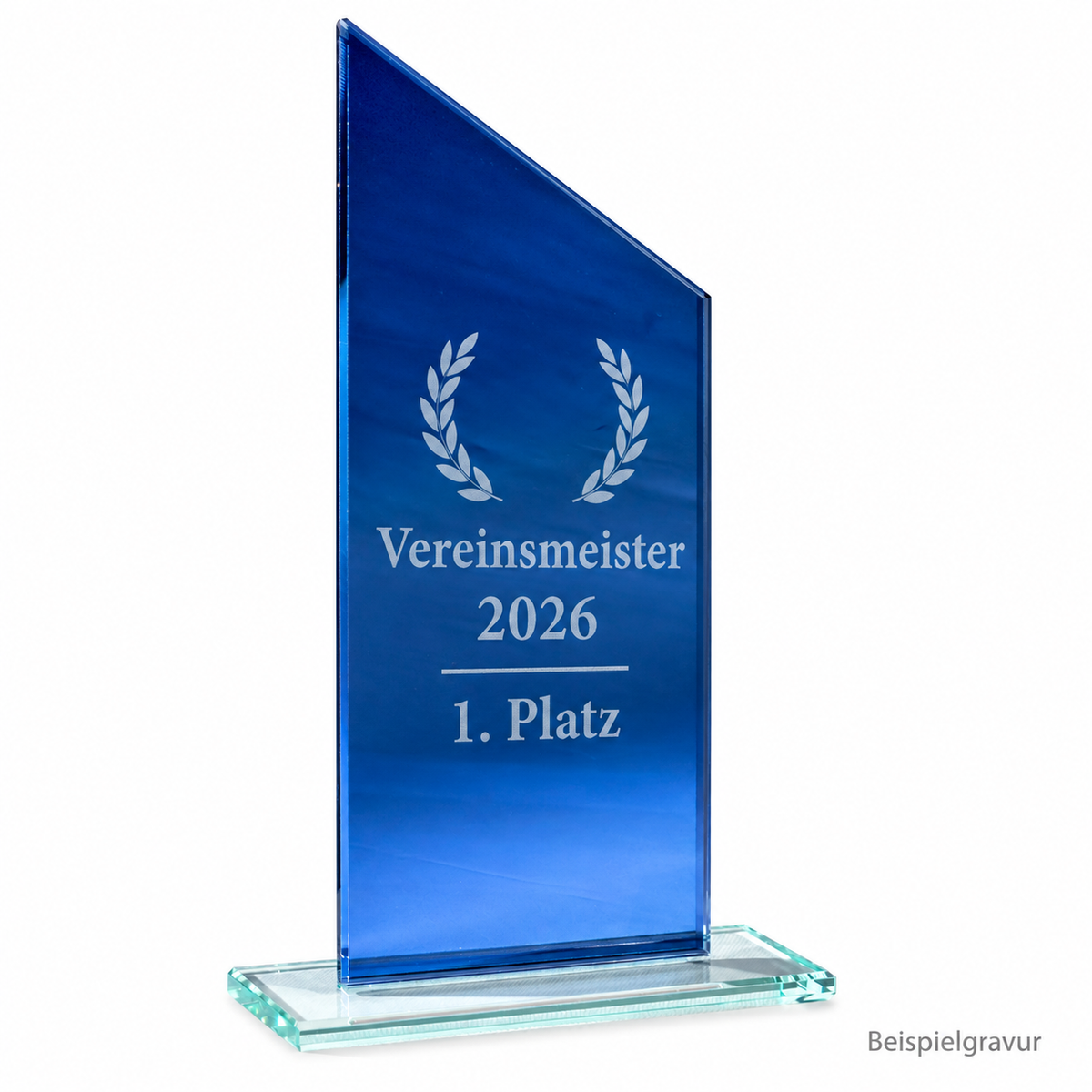 Spiegelglastrophäe Blau 68374–68376 – Beispielgravur Vereinsmeister 2026