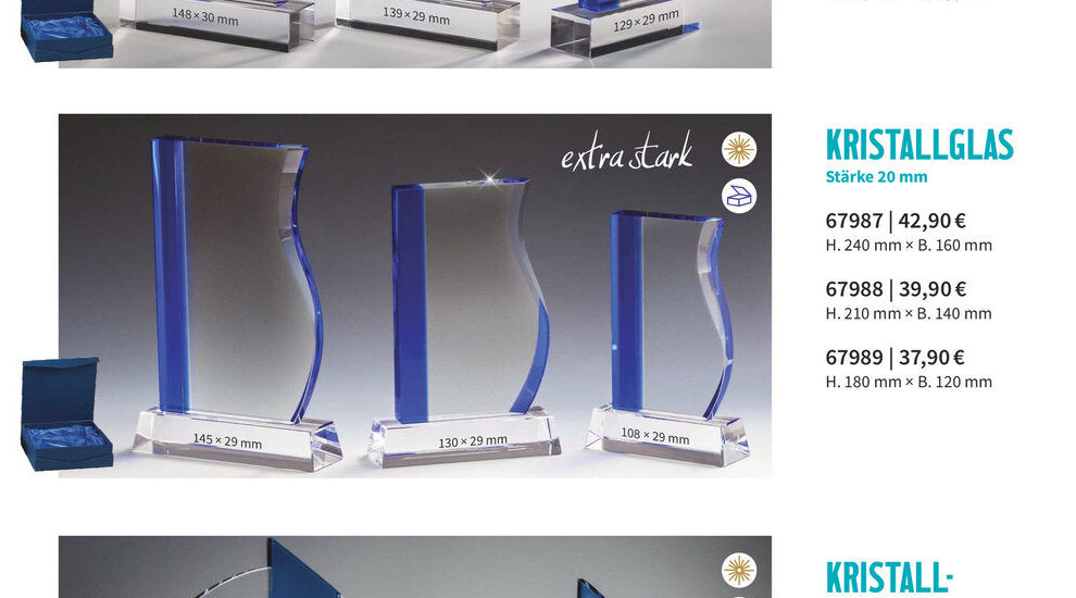 Kristallglas-Trophäen 67987 bis 67989 mit blauer Geschenkbox