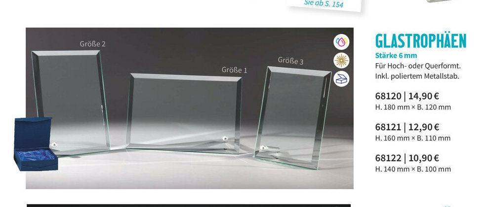 Glastrophäen 68120 bis 68122 mit blauer Geschenkbox