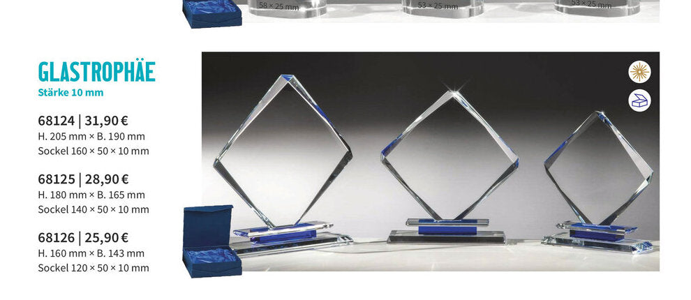 Whiteglas-Trophäen 68124 bis 68126 mit blauer Geschenkbox